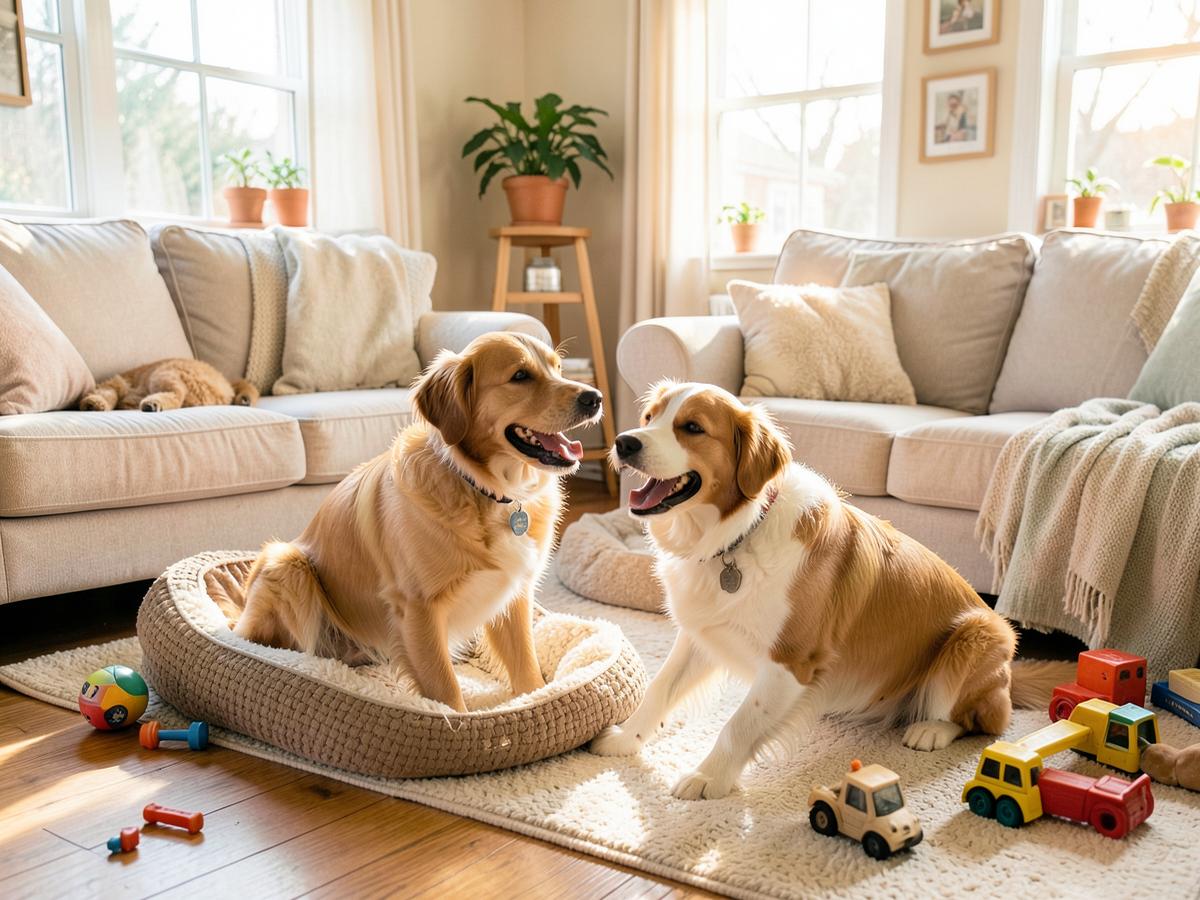 Two dogs playing in a bright home living room during a cage-free boarding stay